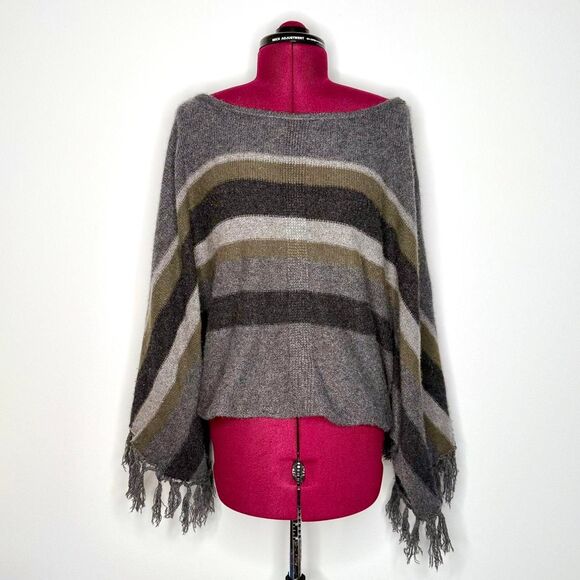 Velvet by Graham & Spencer Accessories - Graham & Spencer 100% Cashmere Grey & Olive Striped Poncho Shrug With Fringe
